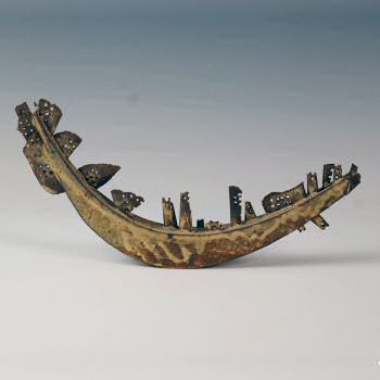 Boat form with fins, dry ash glaze