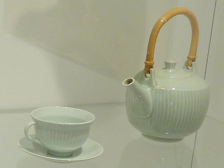 David Leach celadon glazed teapot with cup and saucer