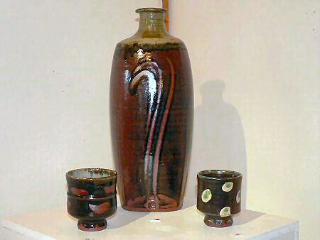 Tall squared bottle vase with finger trailed decoration, finger wiped yunomi and hakeme glazed bowl with fish decoration