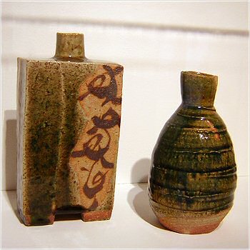 Oribe rectangular vase and saki bottle