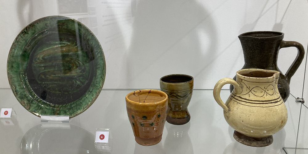 Plate by Edwin Beer Fishley Late 19th century, Beakers by Bernard Leach ca. 1920, jugs by Bernard Leach 1922-23