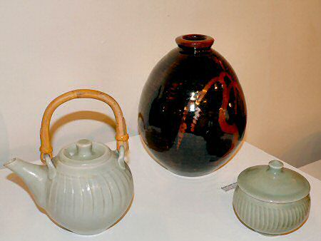 David Leach - Tenmoku vase with celadon tea pot and jam pot