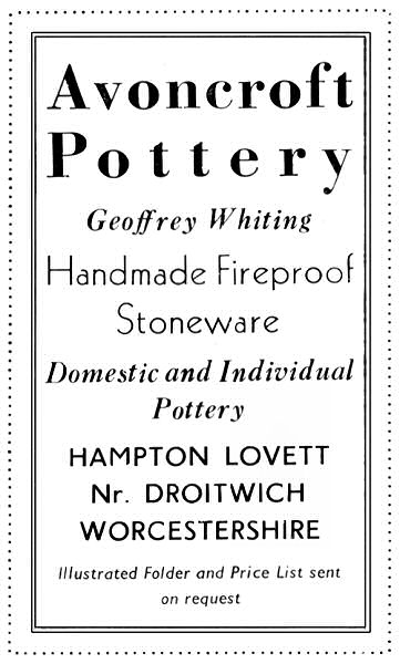 Avoncroft Pottery advert, Pottery Quarterly, Autumn 1955.