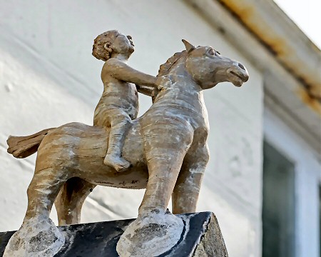 Horse and rider by Debra Sloan, above the Leach Pottery shop entrance