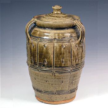 Huge bread crock, ash glaze, incised decoration