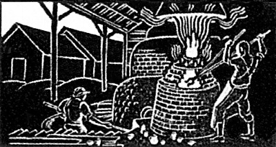 Leach Pottery - Woodcut print showing a Raku kiln being fired with the three chambed climbing kiln behind