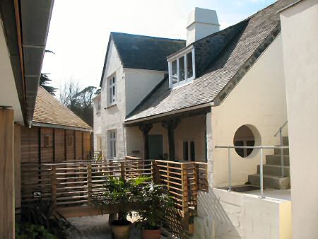 the walkway outside the new workshops over the Japanese garden to the back of the pottery cottage