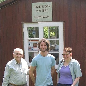 David Leach, Brendan Chivers and my wife Diana outside the Lowerdown Pottery showroom