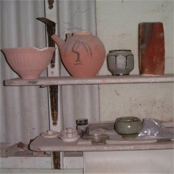 Glaze bins and two large pots with firing defects