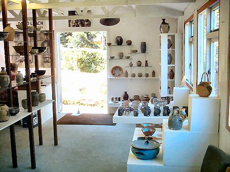 Pots for sale in the showroom at Lowerdown Pottery