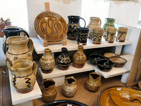 Slipware pots for sale in the showroom