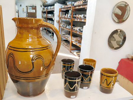 Slipware pots for sale in the showroom